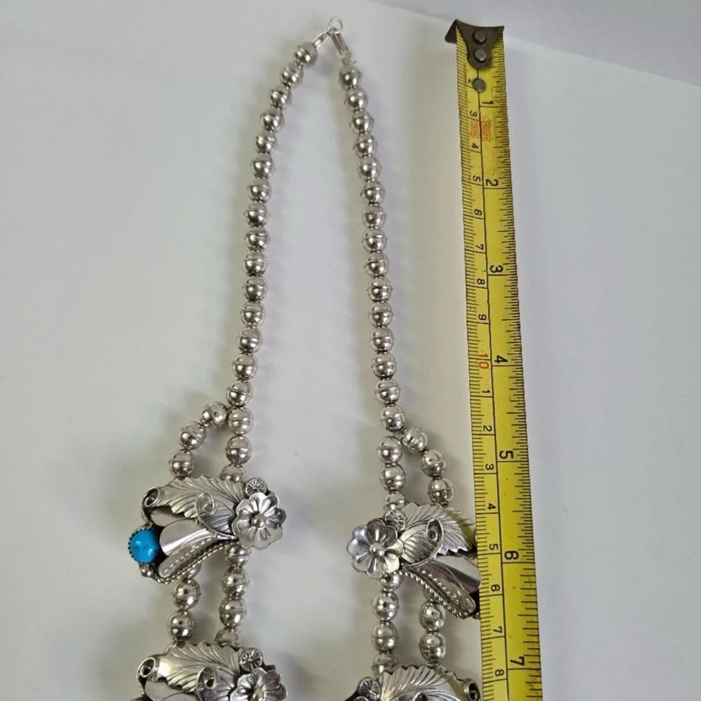 Sterling Silver 925 and Turquoise Floral Squash Blossom Necklace - Picture 15 of 16